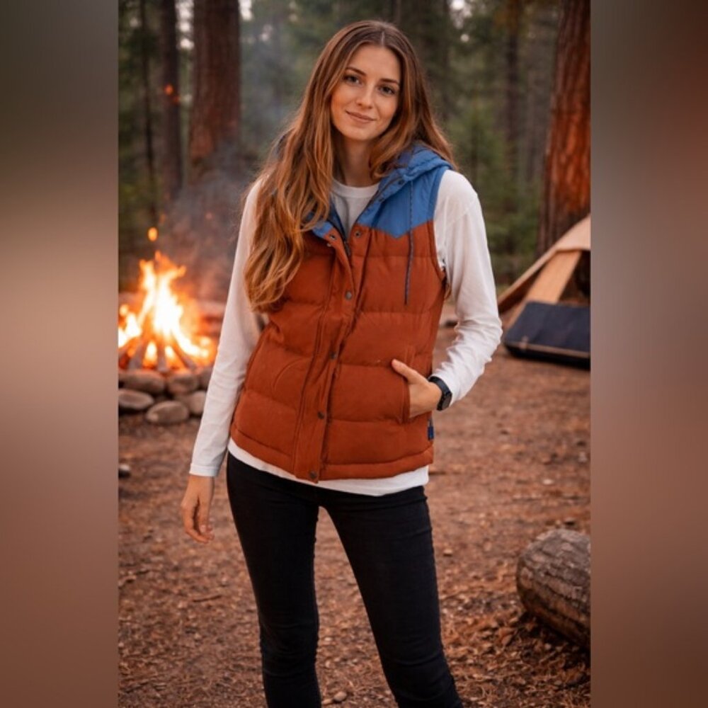 Patagonia Ladies Large Bivy Hooded Down Vest Jacket Tan & Blue Full Zip NWT